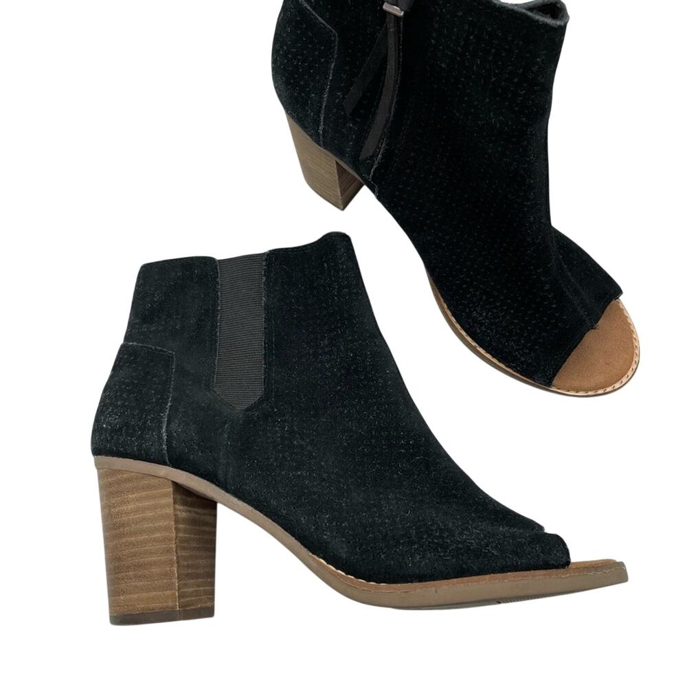 Toms Laser Cut Black Leather Peep Toe Stacked Heel Ankle Boots Womens 9.5 Fall
